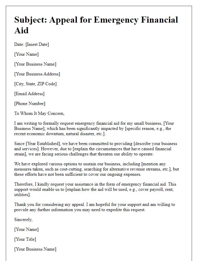 Letter template of appeal for emergency financial aid for small business