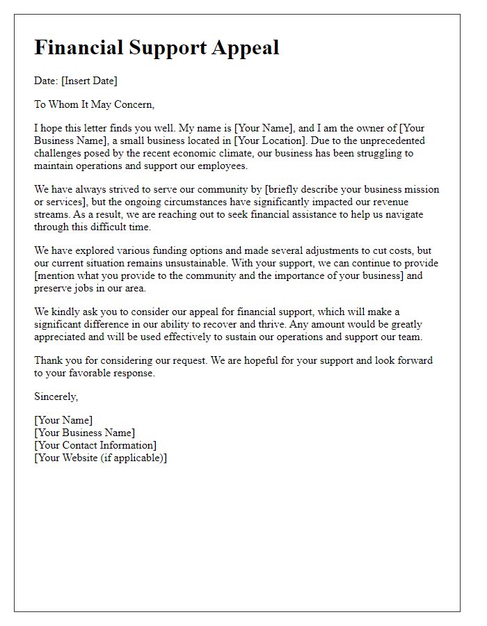 Letter template of financial support appeal for struggling small businesses