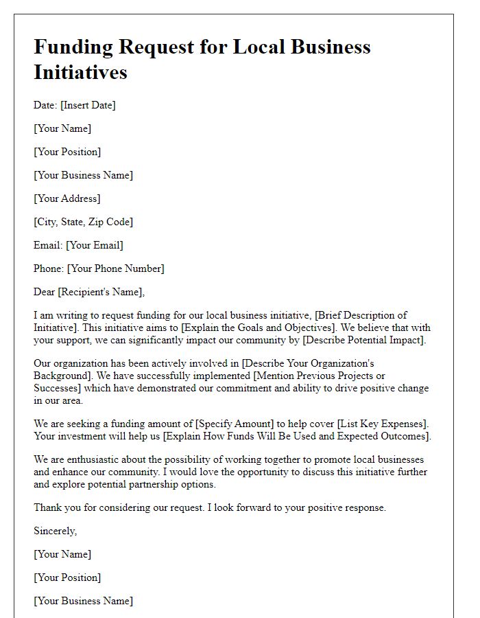 Letter template of funding request for local business initiatives