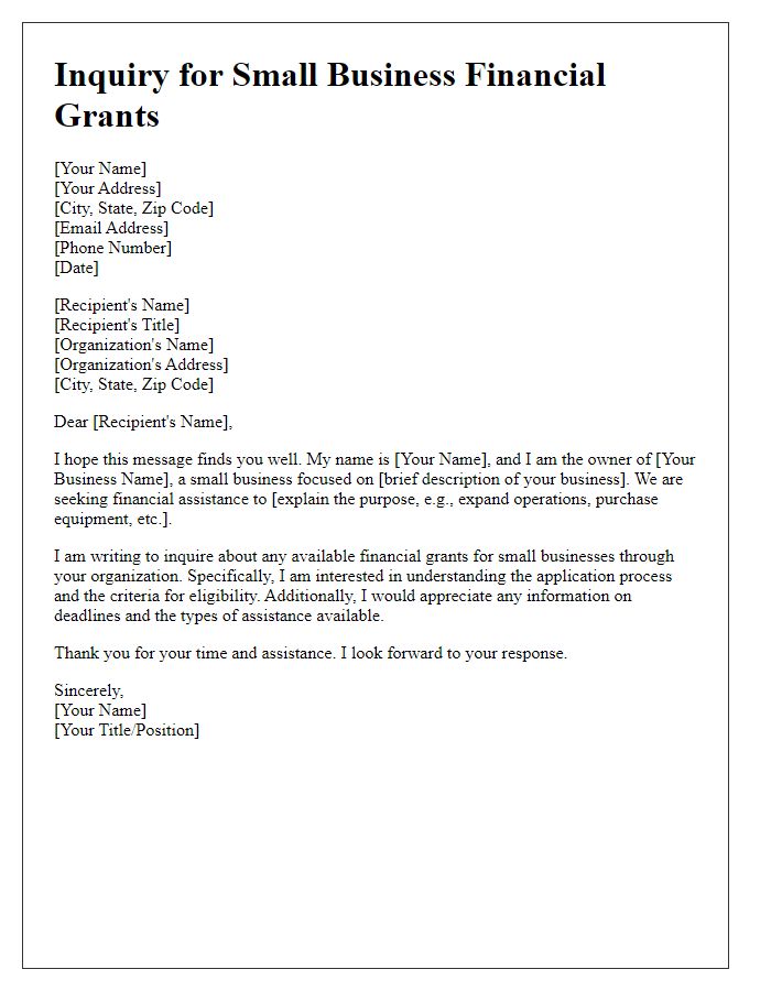 Letter template of inquiry for small business financial grants