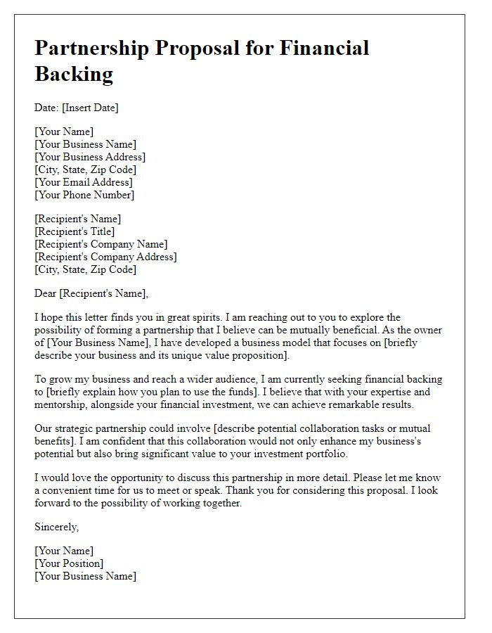 Letter template of partnership proposal for financial backing of small business