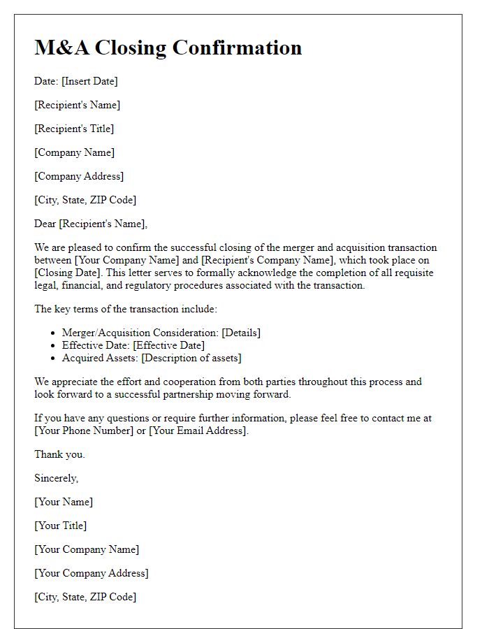 Letter template of M&A Closing Confirmation