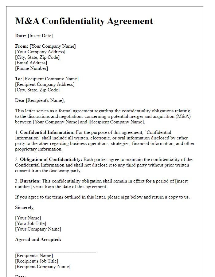 Letter template of M&A Confidentiality Agreement