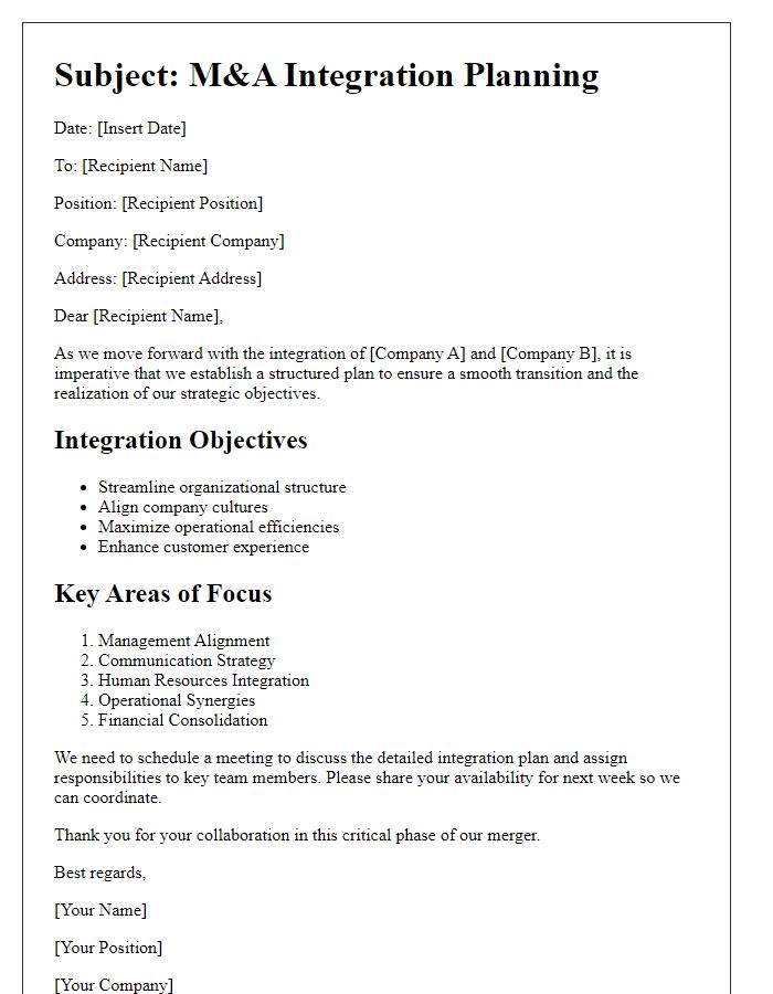 Letter template of M&A Integration Planning