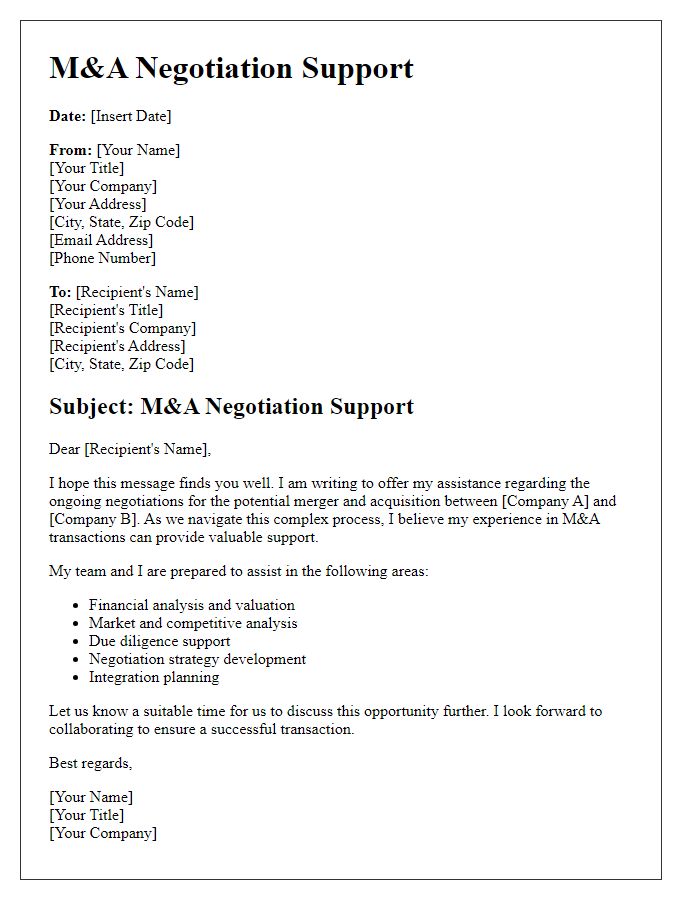 Letter template of M&A Negotiation Support