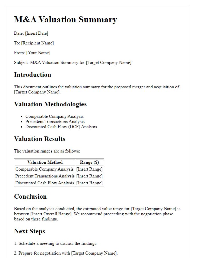 Letter template of M&A Valuation Summary