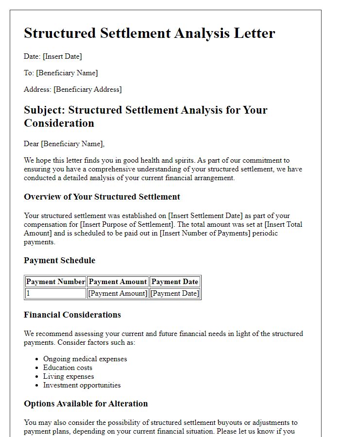 Letter template of structured settlement analysis for beneficiary considerations