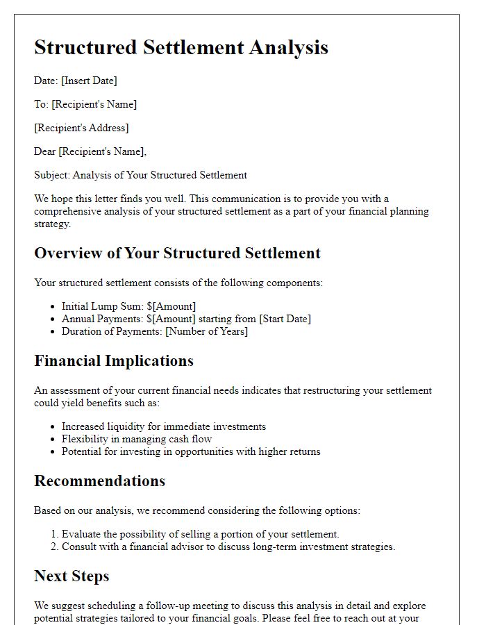 Letter template of structured settlement analysis for financial planning