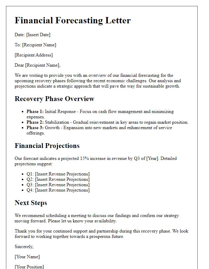 Letter template of financial forecasting for recovery phases