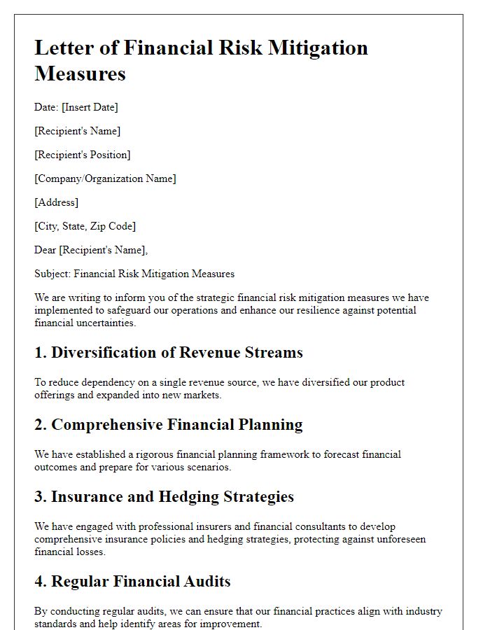 Letter template of financial risk mitigation measures