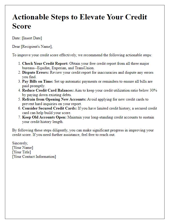 Letter template of actionable steps for credit score elevation