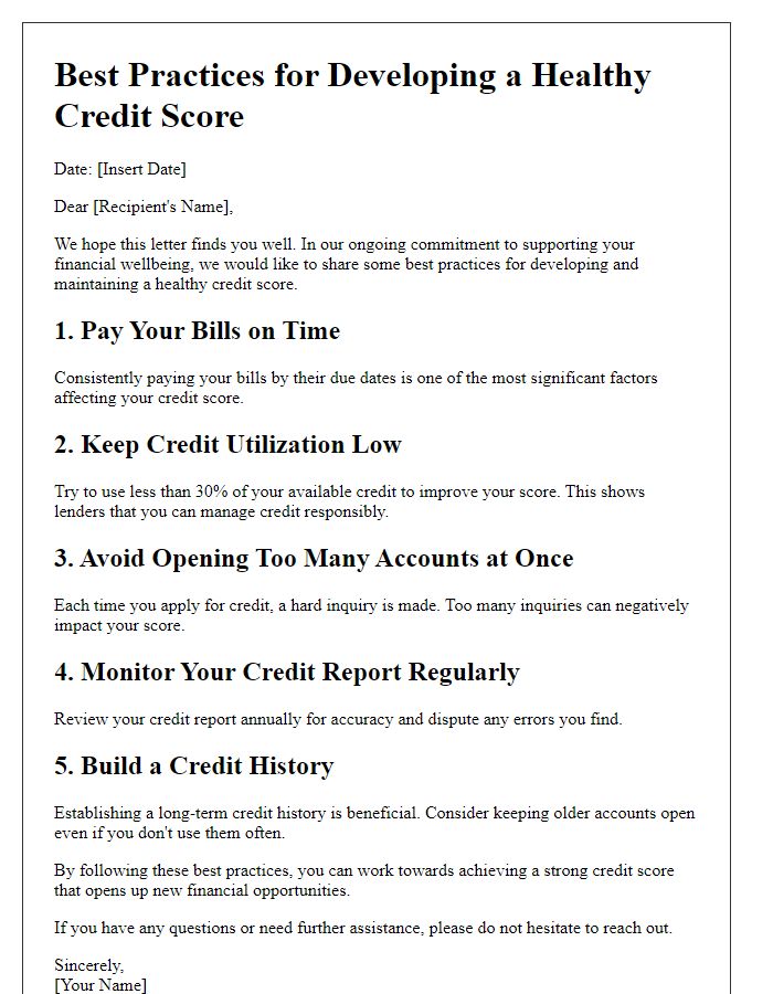 Letter template of best practices for credit score development