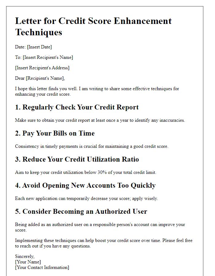 Letter template of credit score enhancement techniques