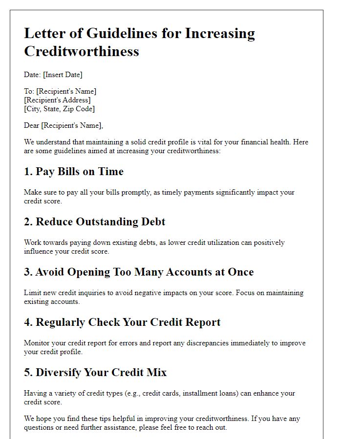 Letter template of guidelines for increasing creditworthiness