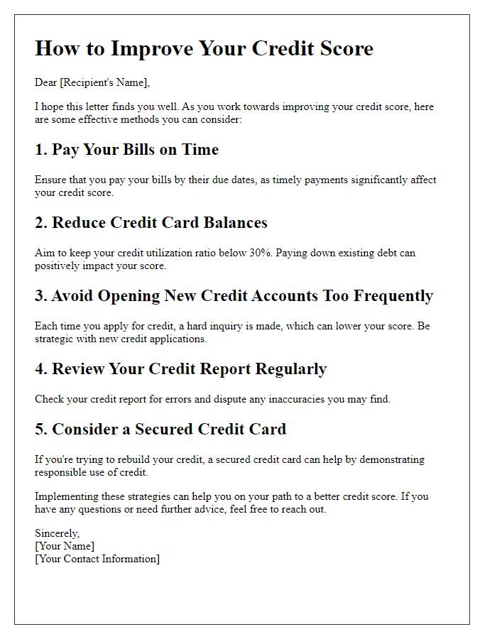 Letter template of methods to improve credit scores