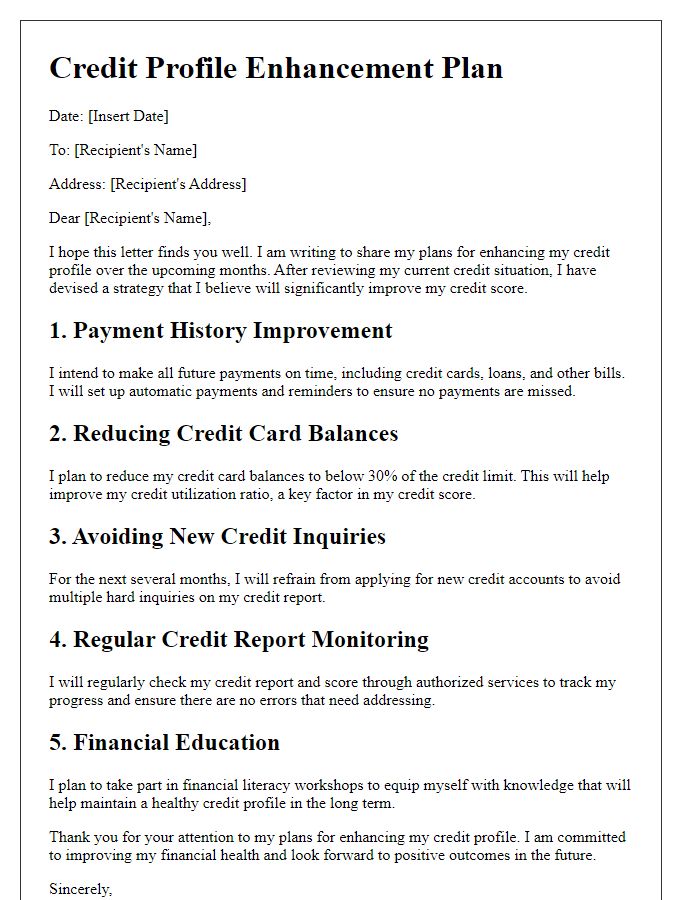 Letter template of plans for enhancing your credit profile