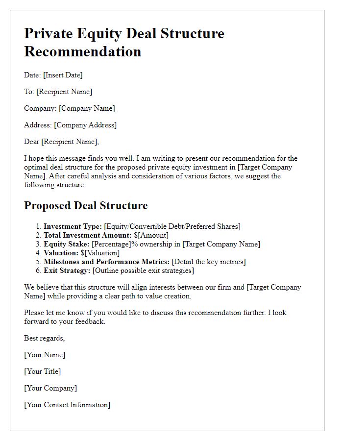 Letter template of private equity deal structure recommendation