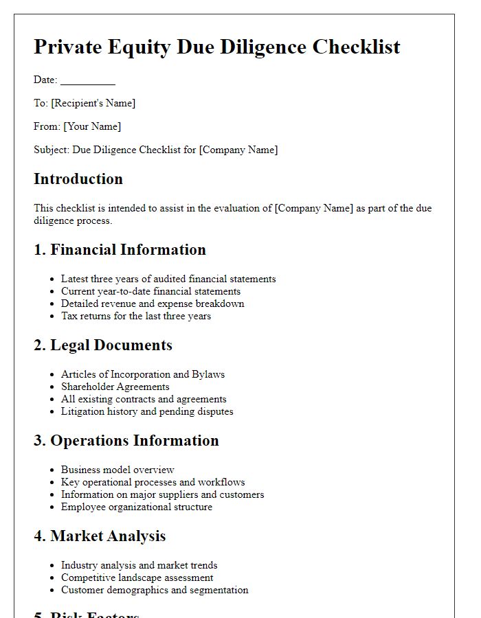 Letter template of private equity due diligence checklist