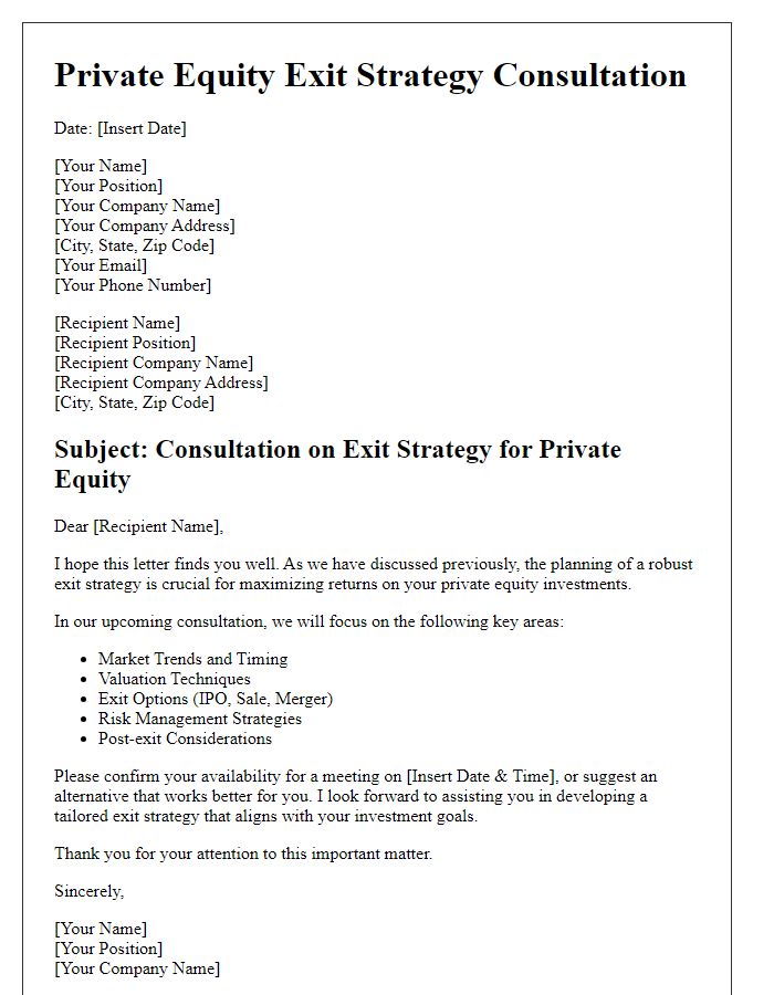 Letter template of private equity exit strategy consultation