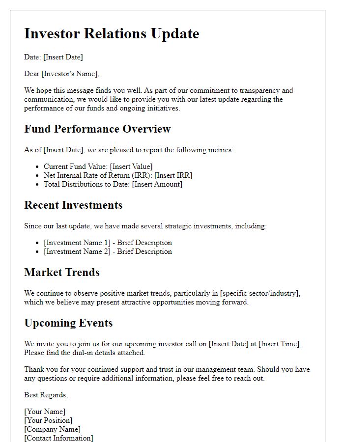 Letter template of private equity investor relations update