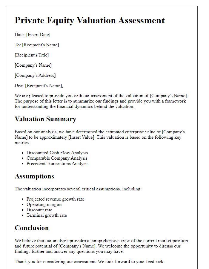 Letter template of private equity valuation assessment