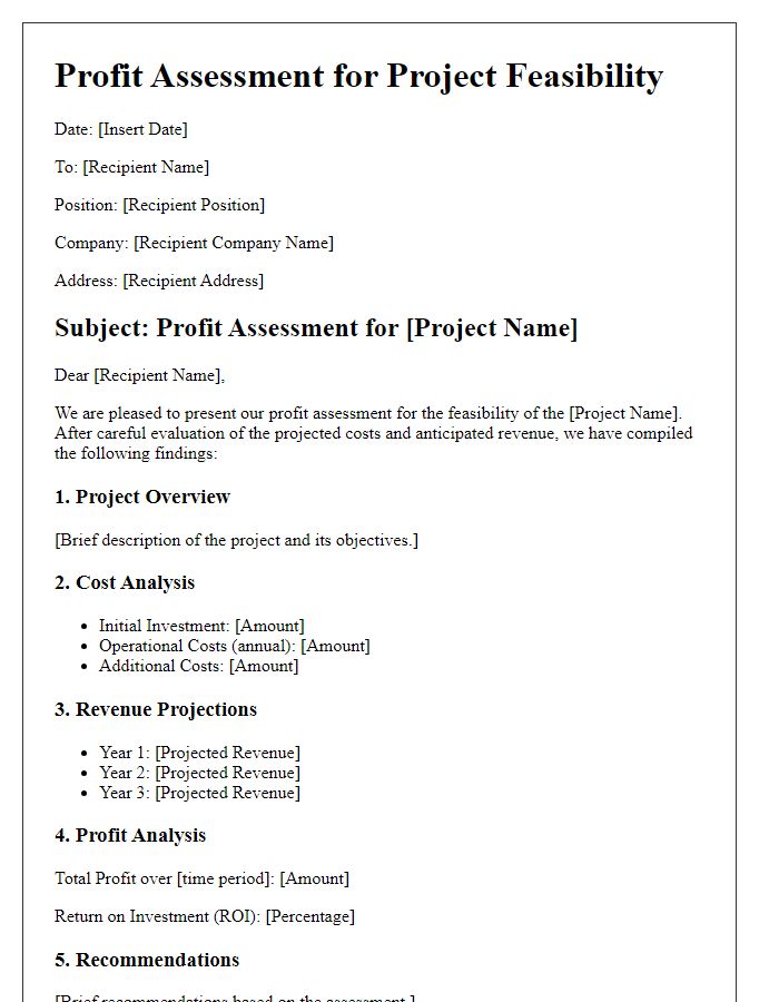 Letter template of profit assessment for project feasibility