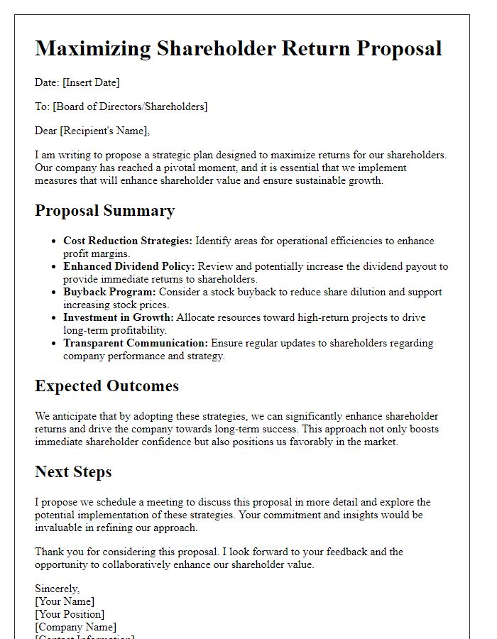 Letter template of maximizing shareholder return proposal