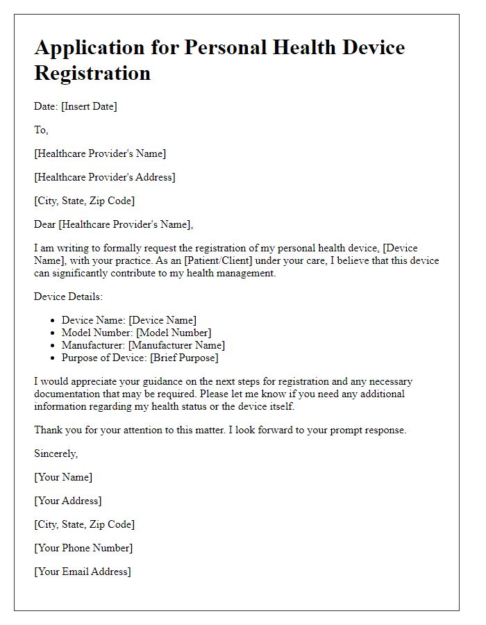 Letter template of application for personal health device registration with healthcare provider