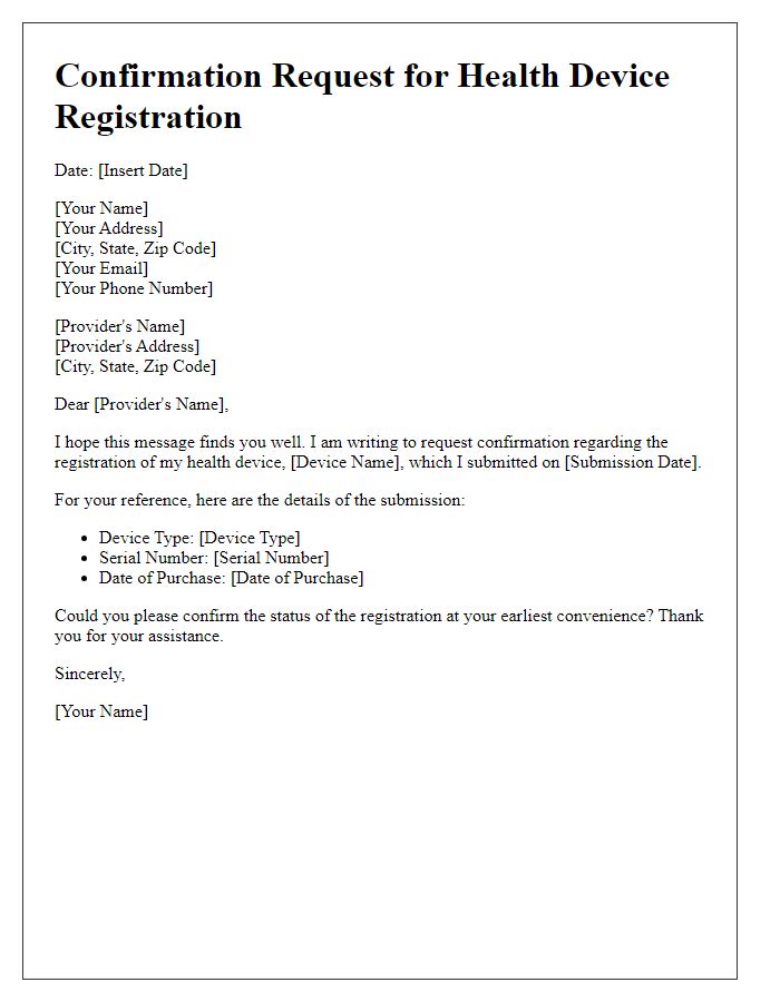 Letter template of confirmation request for health device registration with provider