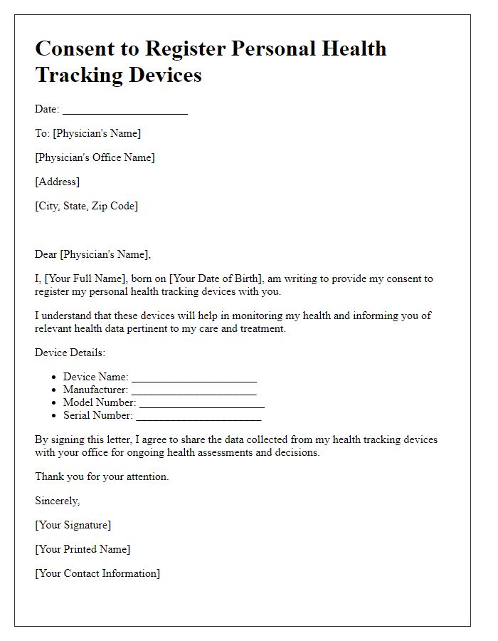 Letter template of consent to register personal health tracking devices with physician