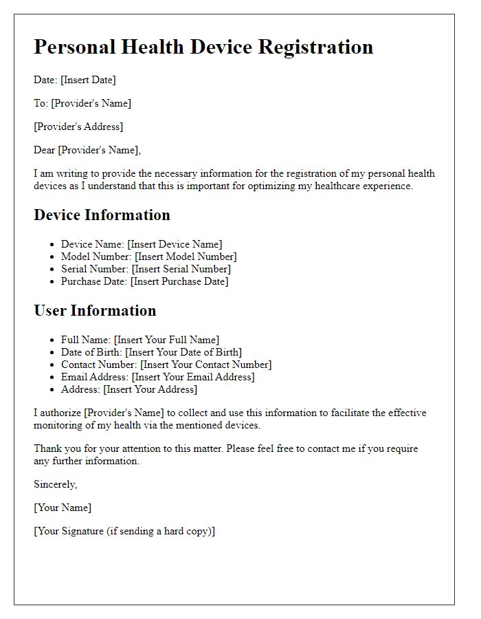 Letter template of information provision for registering personal health devices with provider