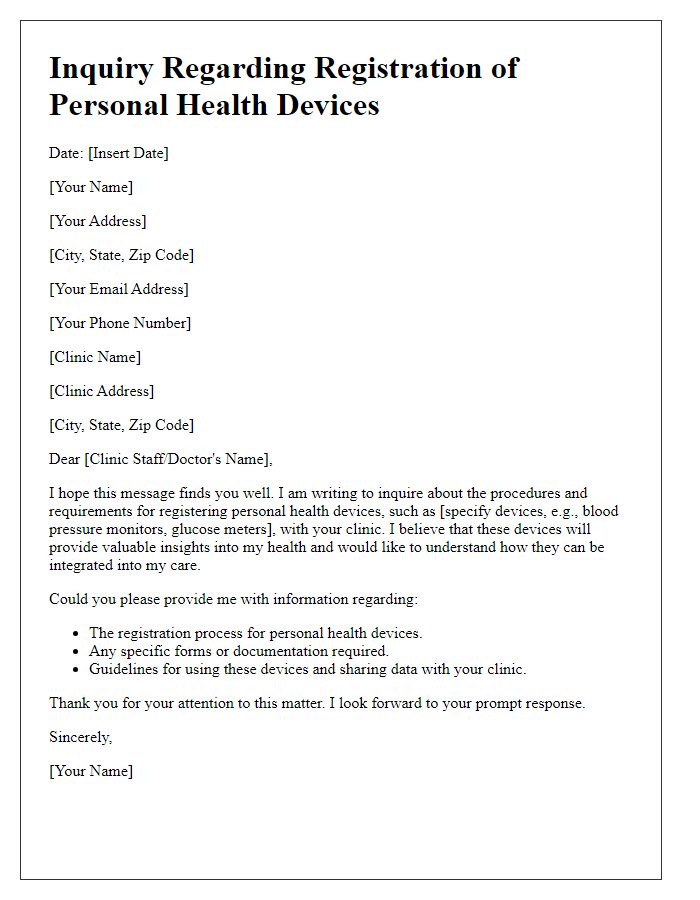 Letter template of inquiry regarding registration of personal health devices with clinic