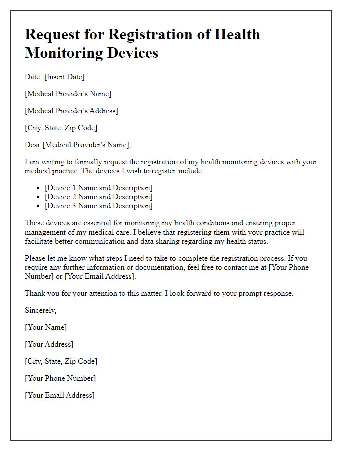 Letter template of request to register health monitoring devices with medical provider