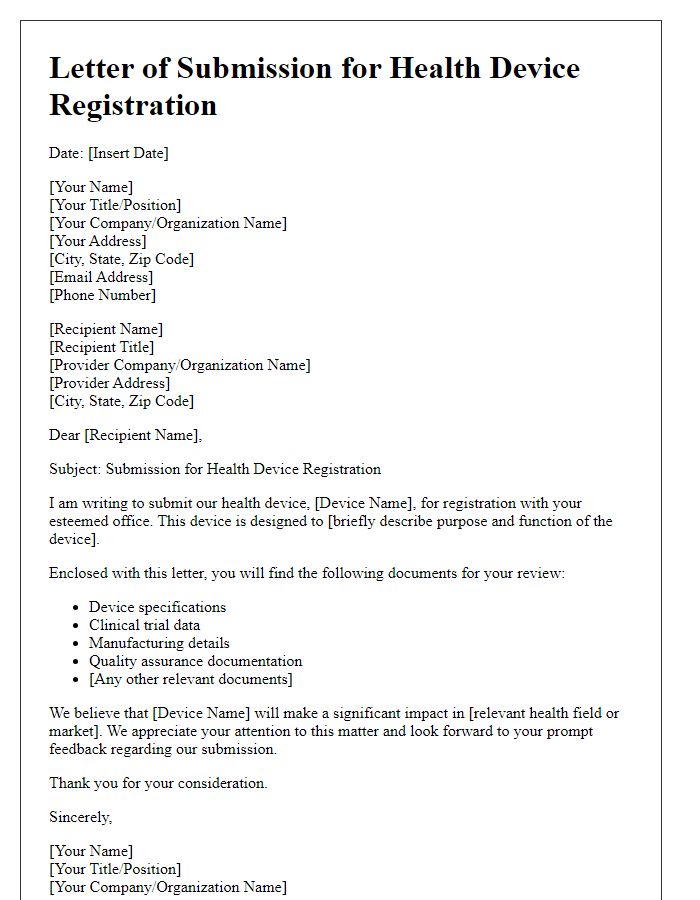 Letter template of submission for health device registration with provider