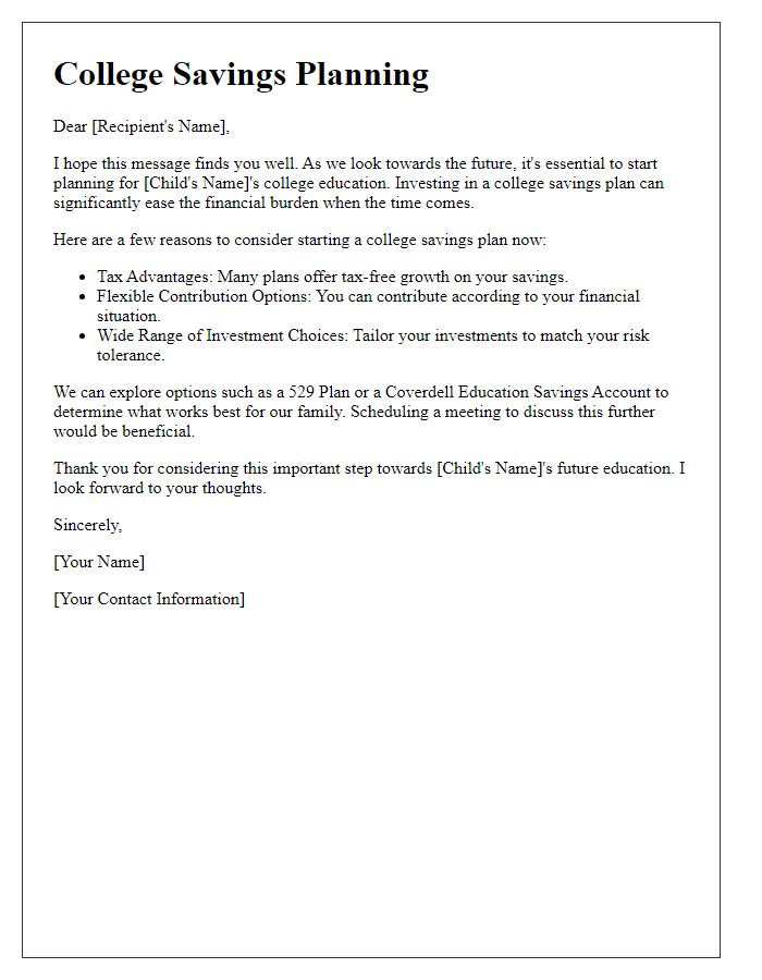 Letter template of college savings planning