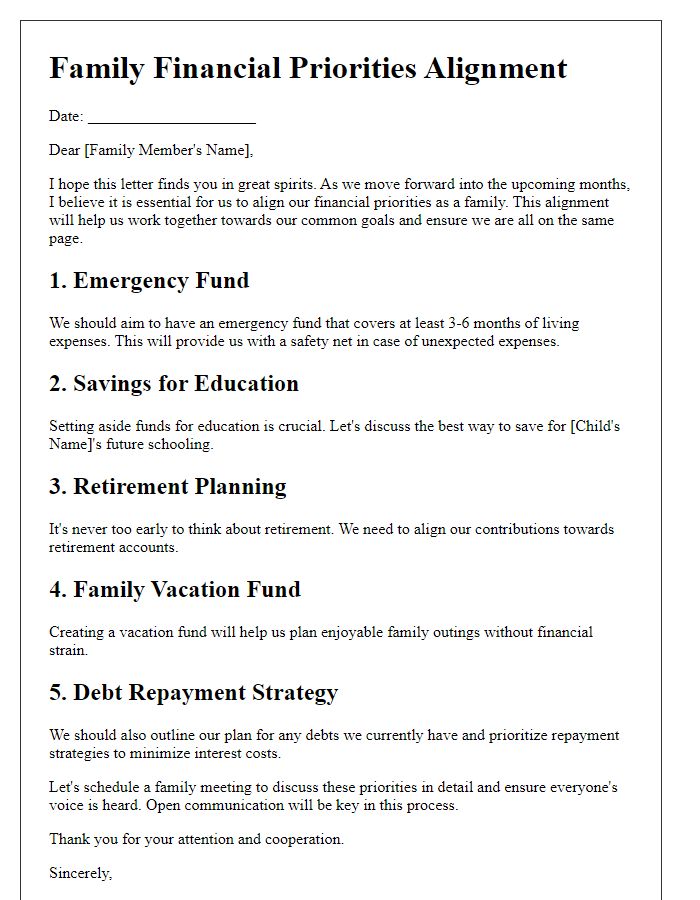 Letter template of family financial priorities alignment