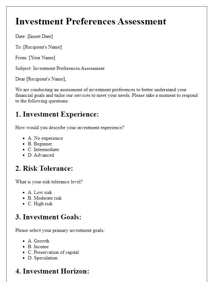 Letter template of investment preferences assessment