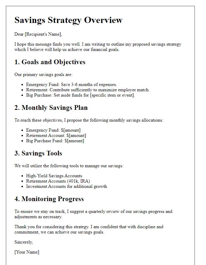 Letter template of savings strategy outlining