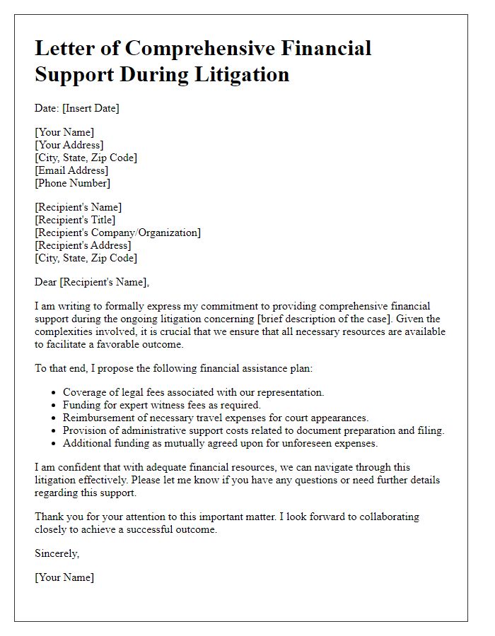 Letter template of comprehensive financial support during litigation