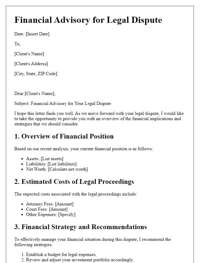 Letter template of financial advisory for legal disputes