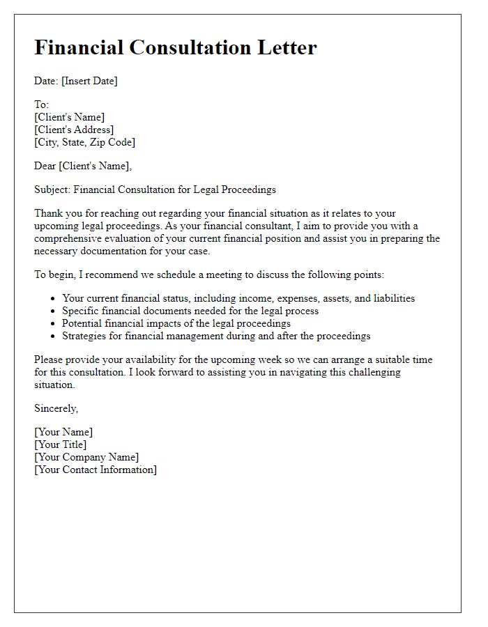 Letter template of financial consultation for legal proceedings