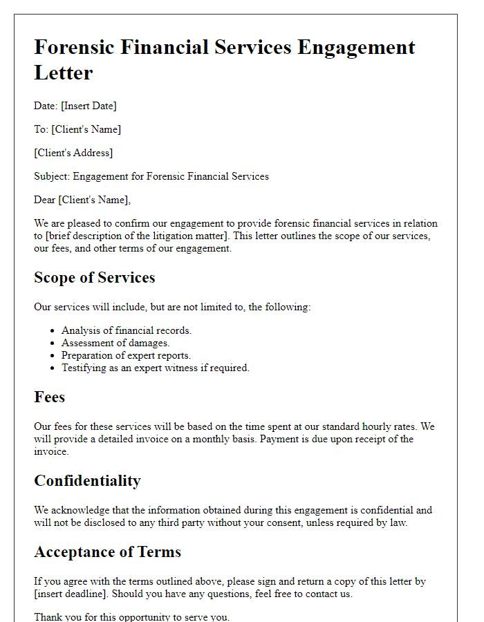 Letter template of forensic financial services in litigation