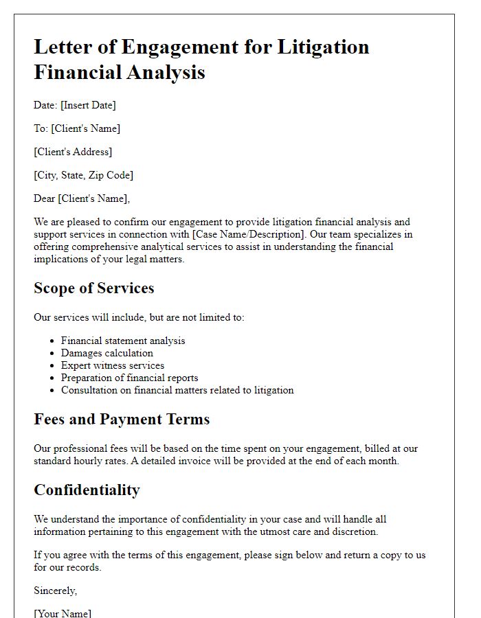 Letter template of litigation financial analysis and support