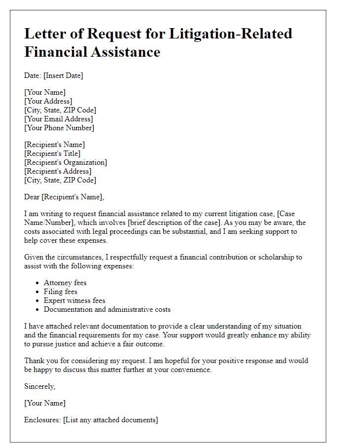 Letter template of litigation-related financial assistance