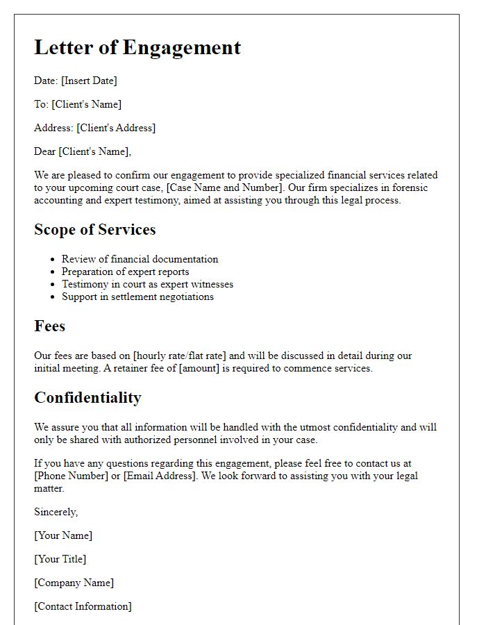 Letter template of specialized financial services for court cases