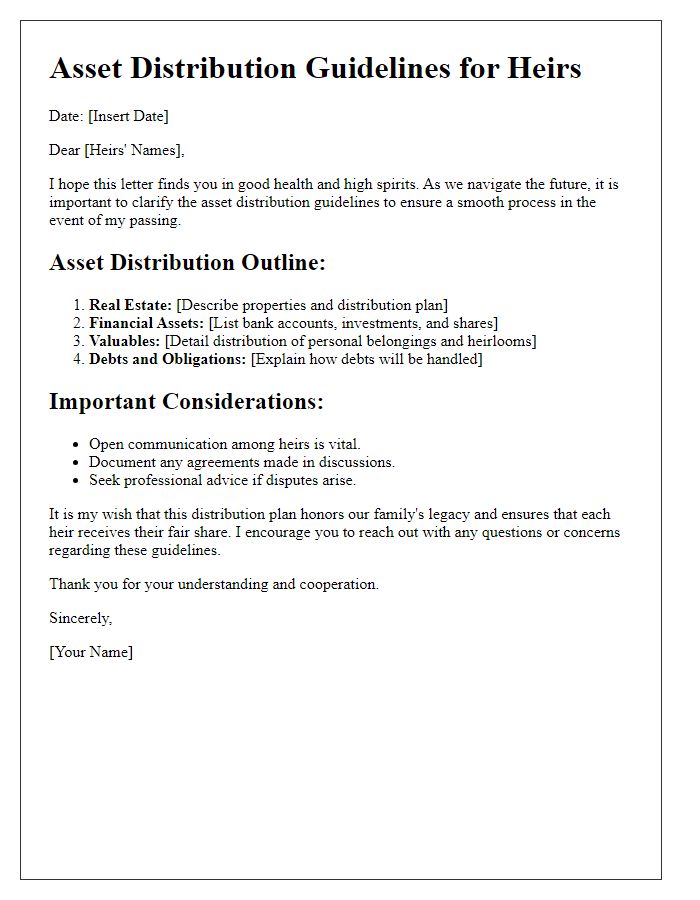 Letter template of asset distribution guidelines for heirs