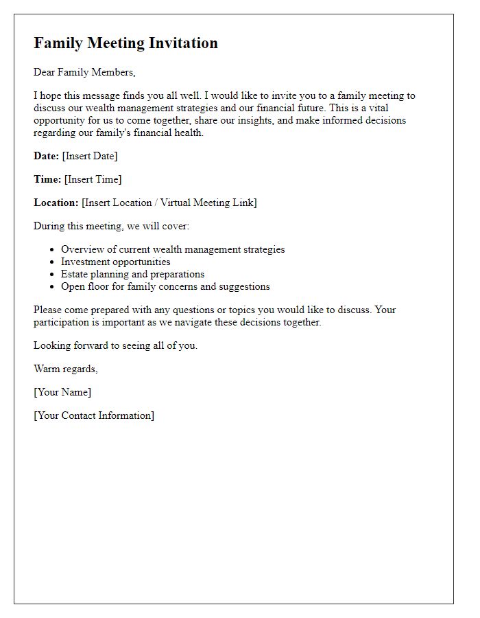 Letter template of family meetings to discuss wealth management