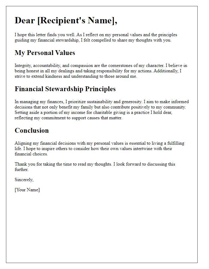 Letter template of personal values and financial stewardship