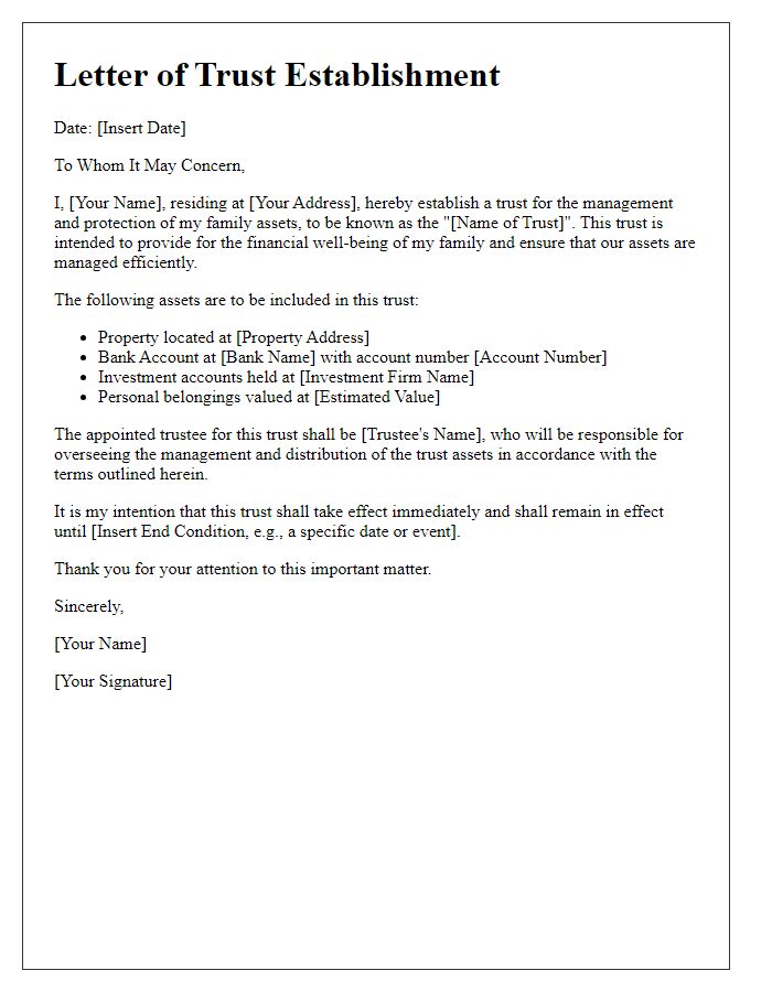 Letter template of trust establishment for family assets