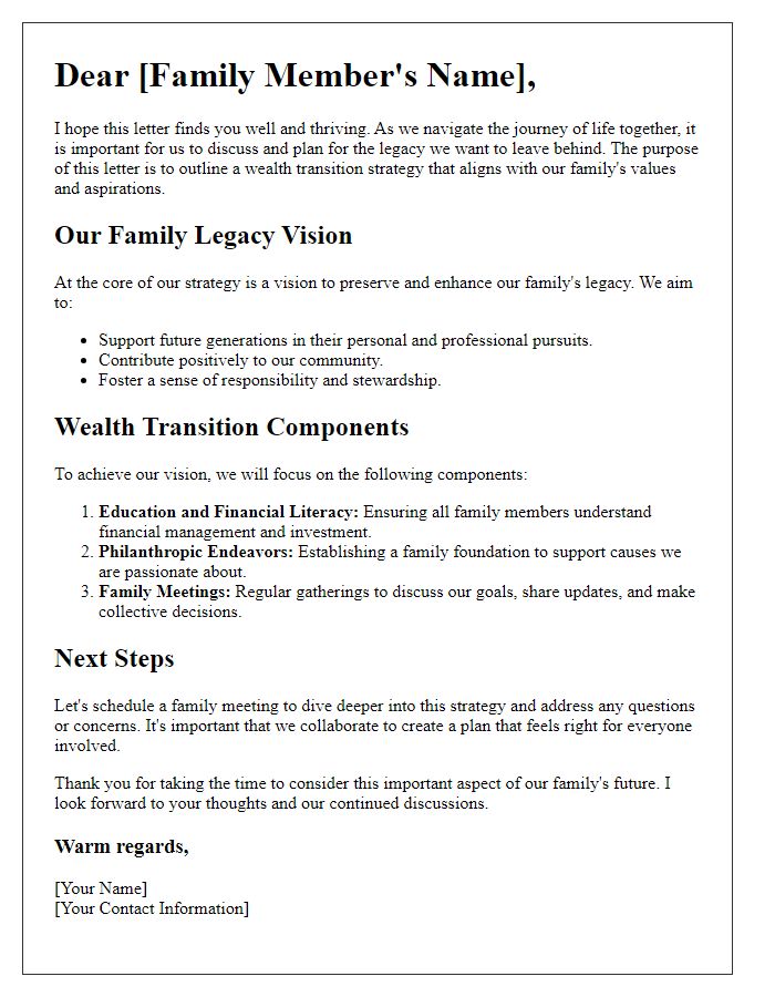 Letter template of wealth transition strategy for family legacy